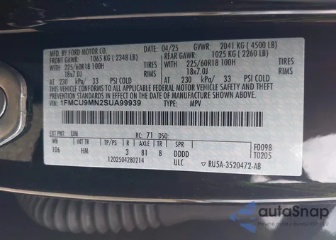 2025 Ford Escape St-Line из США, поврежденный, VIN 1FMCU9MN2SUA99939